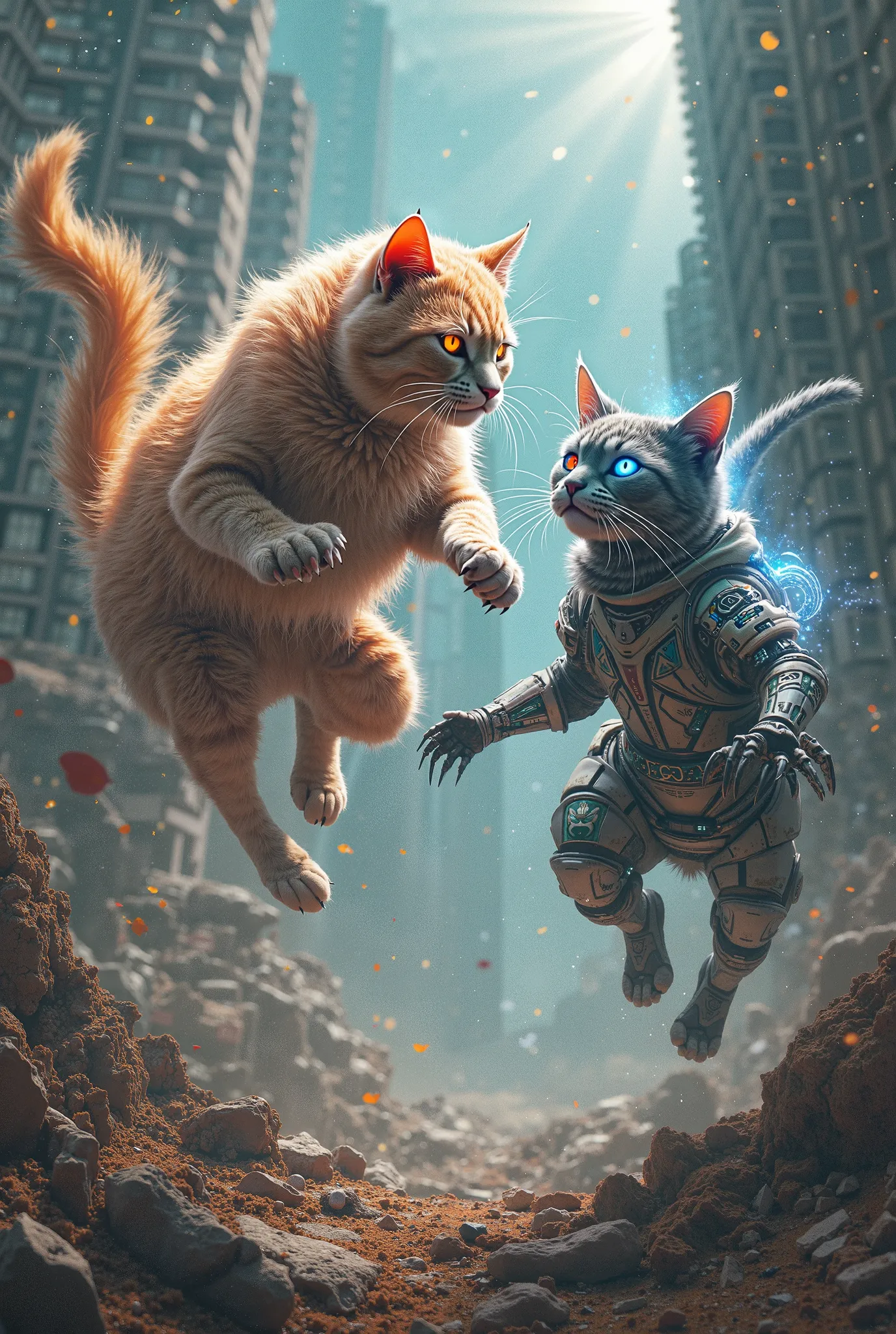 You could make an artistic and surreal image of the following text: cosmic cats and cyborg cats defend the dystopically destroyed planet Earth from artificial intelligence