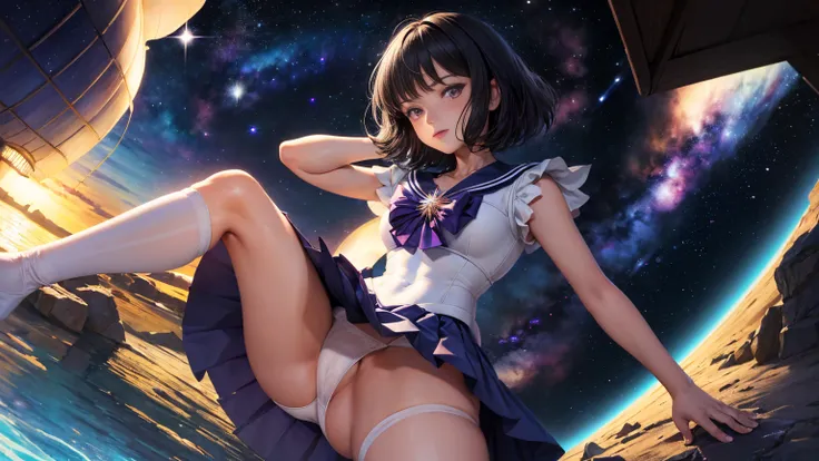 (masterpiece, top quality: 1.2), alone, 1 girl,  Sailor Saturn, ,  watch the audience, ,  sailor warrior uniform, Pleated Skirt,  elbow bag,  jewelry, ((( Blog)),  color, purple eyes,  cosmic background ,  Milky Way,  ,(( white panties ))spread legs,camel ...