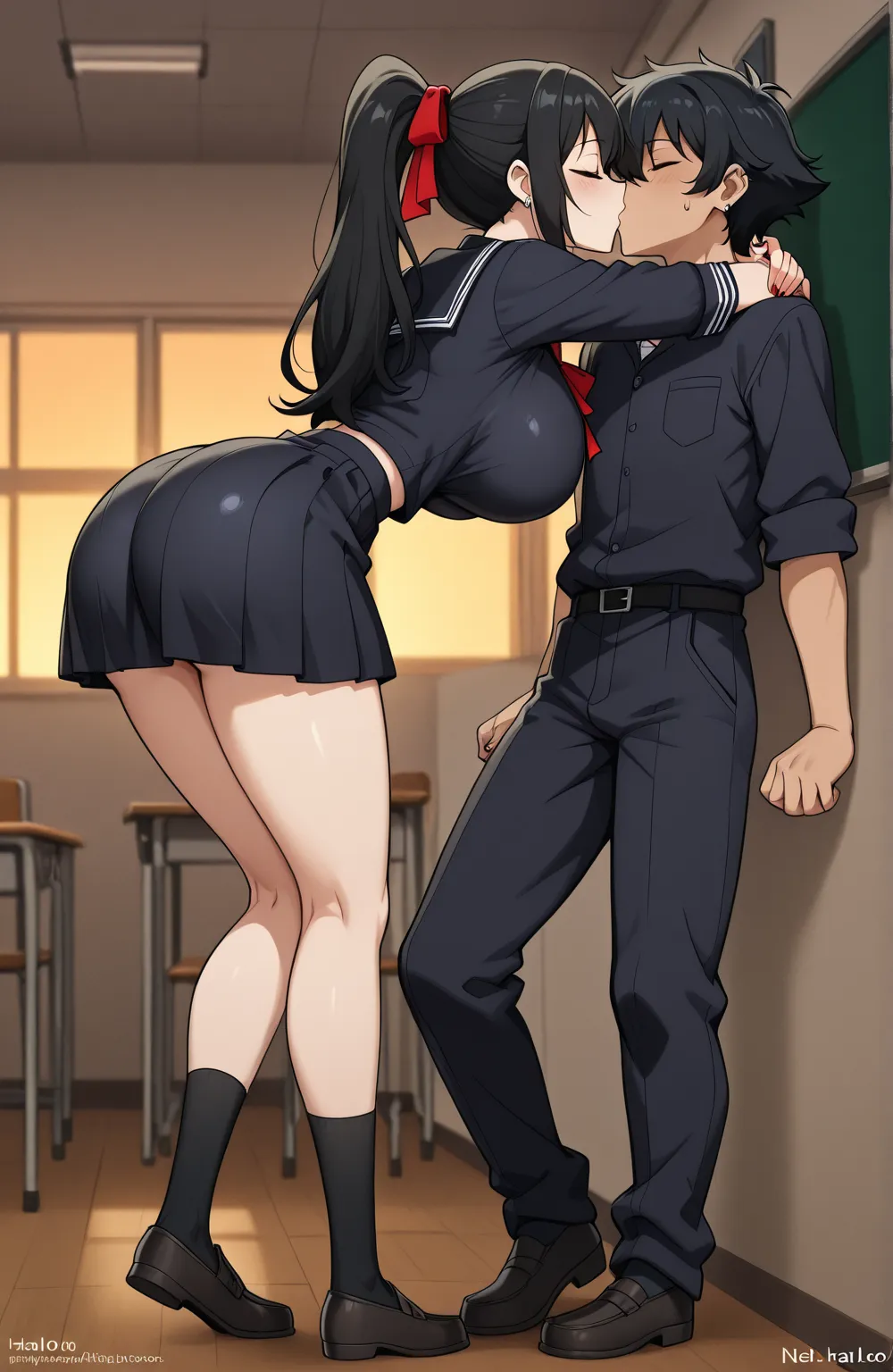 the best quality,   source   _anime, masterpiece, Not suitable for work, Women ( full body, big breasts,  Slim waist ,  big ass,  cabello largo ,  ponytail tied with a red ribbon  ,  dressed in a school uniform with a short skirt),   hugging and kissing a ...