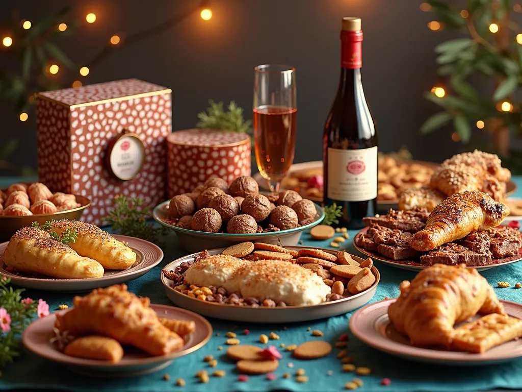 A picture showing chocolates boxes,bottle of wine,biscuits,gift boxes,plates with cocked fish inside,plates with cocked chicken.in an atmosphere of happyness,for the jewish hollidays of purim