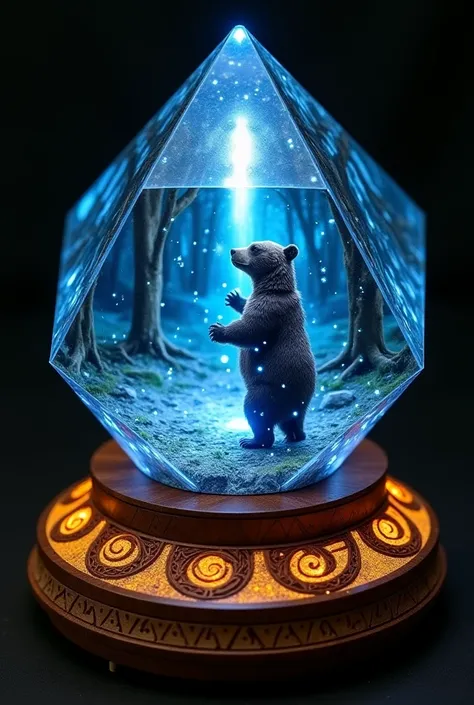 A transparent dodecahedron resin lamp depicting a magical bear standing beneath a glowing wisp, frozen in time. The bear’s fur is embedded with tiny blue lights, representing ancient Celtic magic. The background is a dense, enchanted forest with fog swirli...