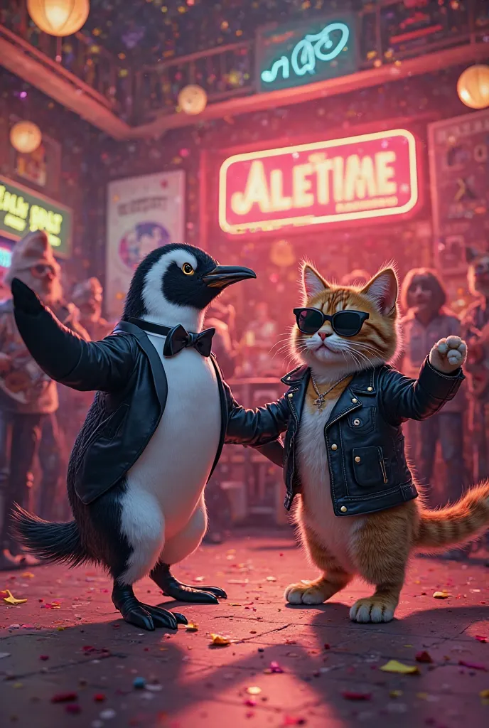 Penguin and cat dance rock n roll