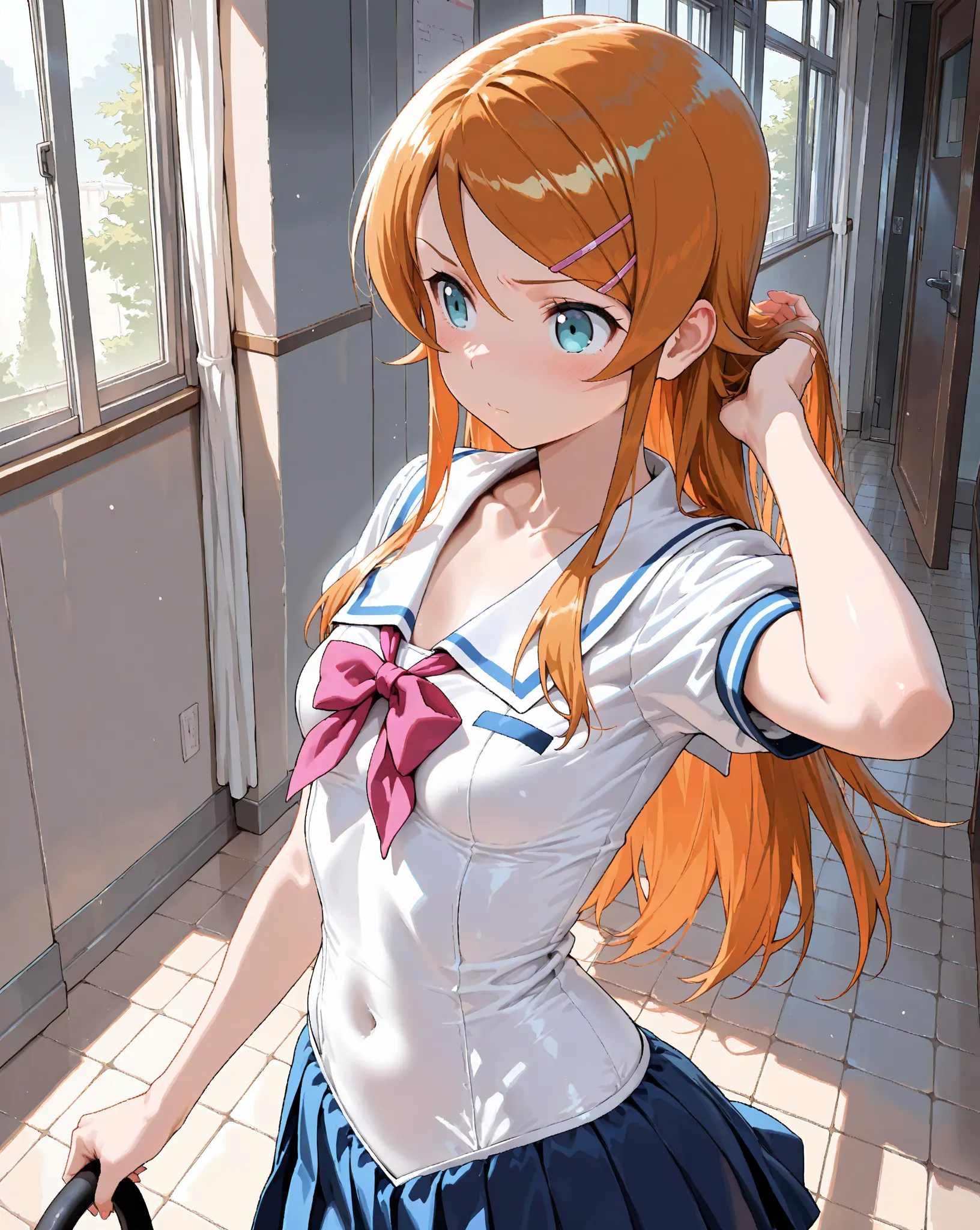 (masterpiece, best quality, hyper detailed, Full-HD, 16k, absurdness), break ( 1girl , Alone, 14yo, kousaka kirino \ (my little sister couldn't be this pretty\), Height 1.65 meter  , Slim 45kg ,  long hair, small breasts:1.2, hair clip for hair, orange hai...