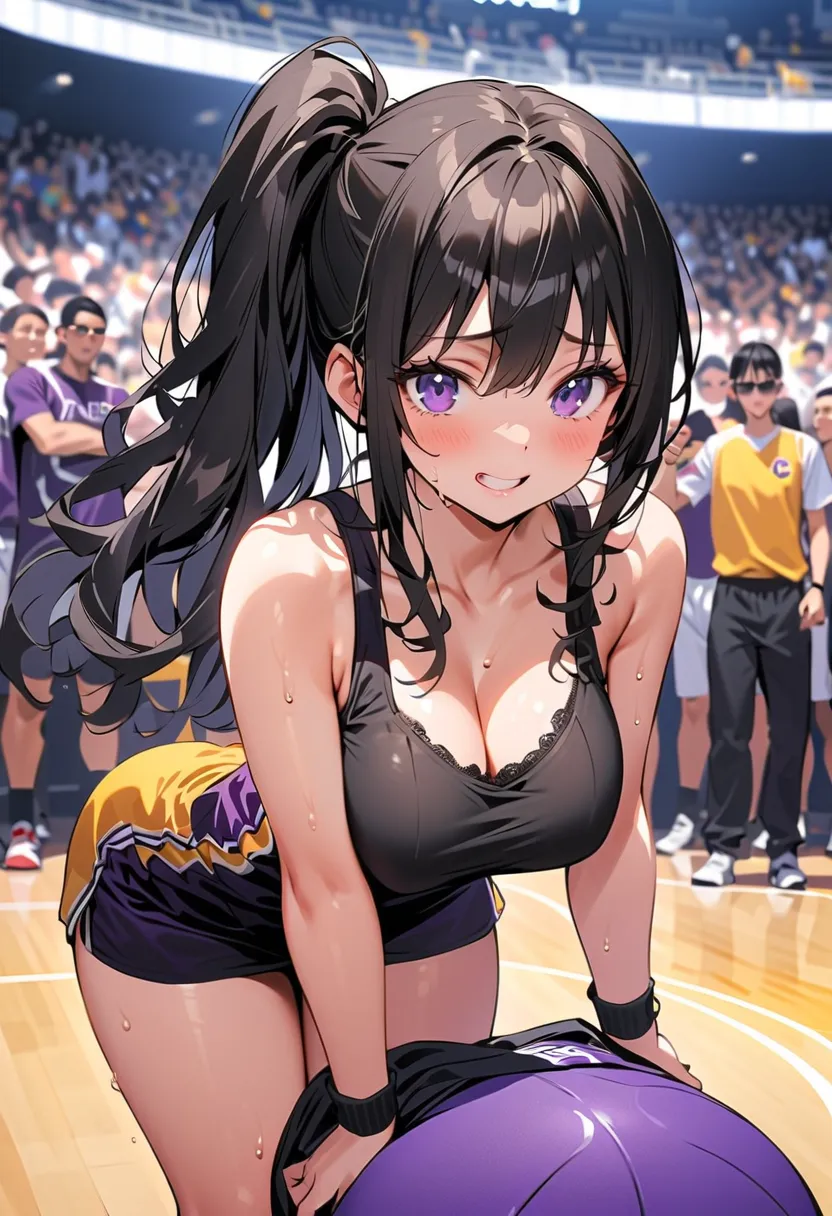 One woman、beautiful girl、high school girl、basketball、Basketball uniform、Lakers uniform、wristband、Side Ponytail、Long Hair、Basketball Stadium、Take a jump shot、The stands are packed、Highest quality,  Thick thighs、 big ass、Black Hair、Sweaty body、Number 14、Take...