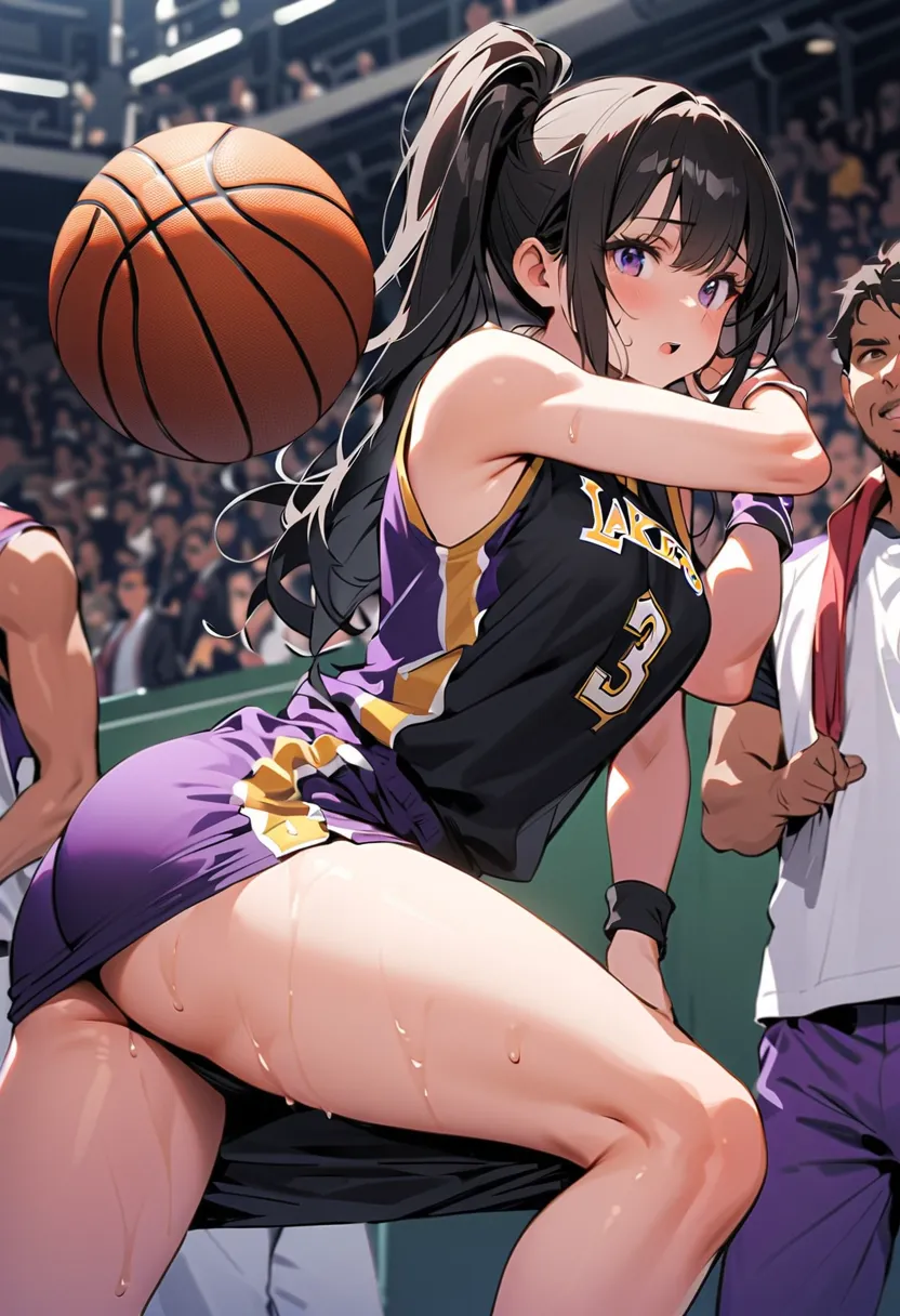 One woman、beautiful girl、high school girl、basketball、Basketball uniform、Lakers uniform、wristband、Side Ponytail、Long Hair、Basketball Stadium、Take a jump shot、The stands are packed、Highest quality,  Thick thighs、 big ass、Black Hair、Sweaty body、Number 14、Take...