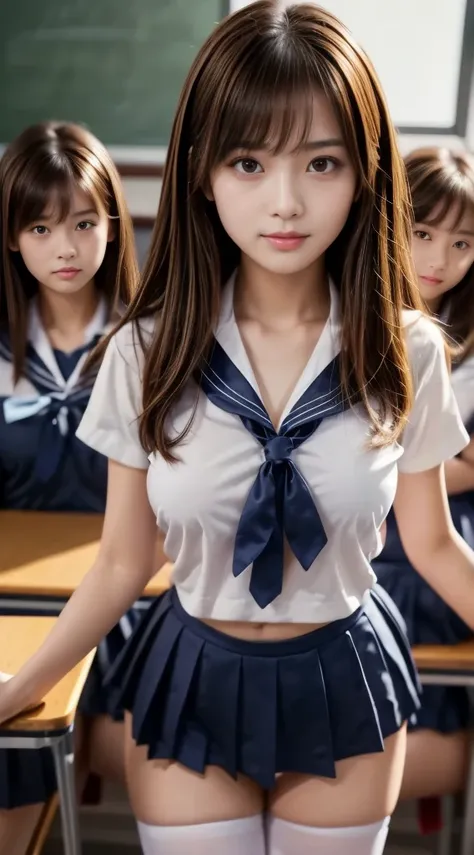 8k,  RAW photos , top quality, masterpiece:1.2), (real, フォトreal:1.4), (Extremely Detailed 8K Wallpaper), 1 girl, sailor suit, 濃Navy blue collar, white shirt, Short sleeve,  orbital space,High School Classroom, Ultra Short Dark Blue Mini Skirt, Ultra Short ...