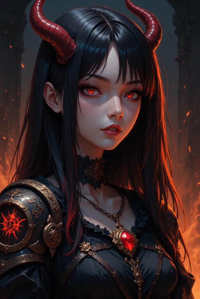 A mesmerizing digital semi-realistic portrait of a breathtaking demoness with an aura of dark allure. Her piercing crimson-red eyes glow intensely, framed by long, dark lashes that enhance their hypnotic gaze. Her smooth, flawless skin has a faint, otherwo...