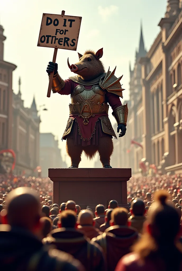 A crowd gathers around a raised pulpit. An Anthropomorphic boar wearing body armor is at the pulpit. The boar holds up a sign that says "Do it for OTTERS". 