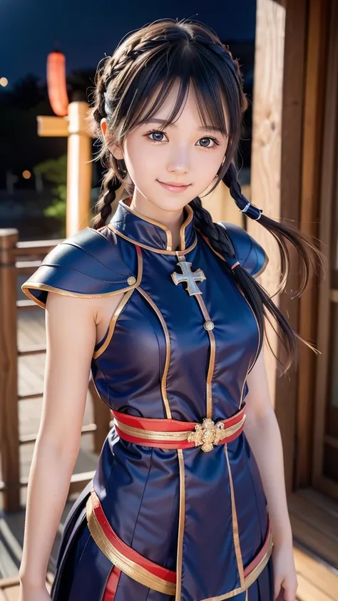 16years old,braid,cute face,beauty skin,miracle beauty,(japan armor costume),(cross arms),nice body,smile,from front,upper body,at the Japan castle,