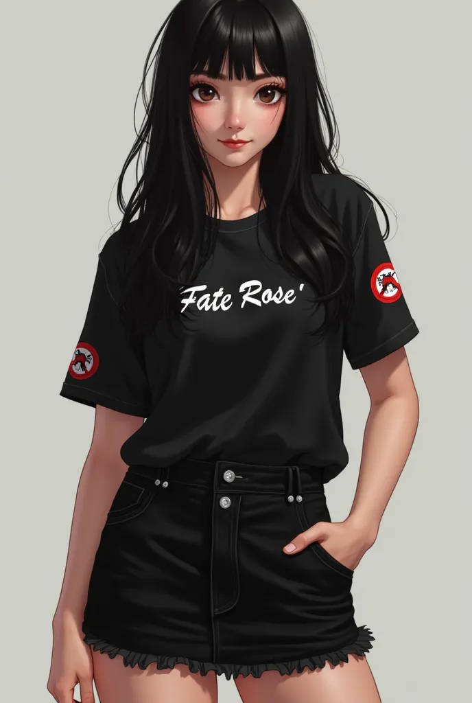 25 years old , 1,55 feet tall, Create a woman with a light brunette complexion and a sincere smile. She has long black hair and wears a black miniskirt. Get a safety badge on the left sleeve of the T-shirt and have a black T-shirt.  T-shirt has the inscrip...