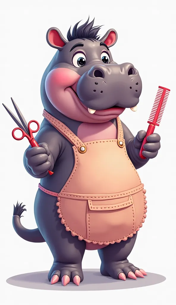 "Cartoon illustration of a hippopotamus hairstylist, wearing a stylish apron and holding scissors and a comb, standing in a cheerful pose. The hippo has a friendly expression, ready to style hair. Isolated on a white background."