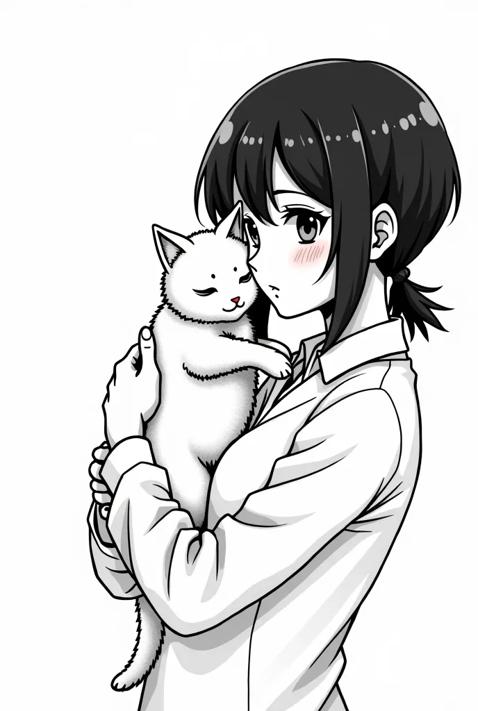 a close up of a person with a cat on a white background, style An anime drawing by Fujiwara Nobuzane, tumblr, serial art, anime girl in ASCII art, Others, manga drawing in ink ,  black and white manga style , Others iwakura, serial experiments Others, Mono...