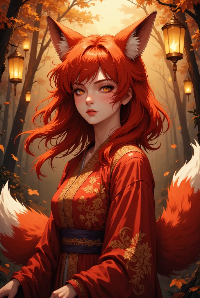 A captivating digital semi-realistic portrait of a mystical fox-woman with fiery red hair cascading in soft, untamed waves around her shoulders. Her piercing golden eyes shimmer with intelligence and mischief, framed by thick lashes. Delicate fox-like mark...