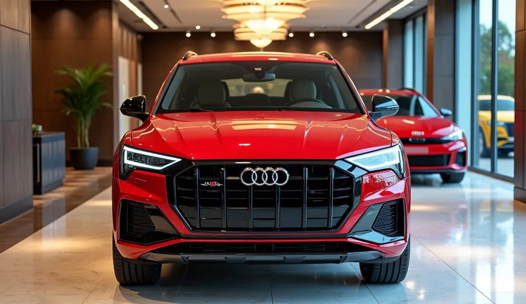 "A stunning front-side view of the 2025 Audi Q5 in a striking red color, showcased in a luxurious showroom. The vehicle's bold front grille, sleek LED headlights, and sculpted hood reflect the ambient lighting, emphasizing its premium design. The glossy re...