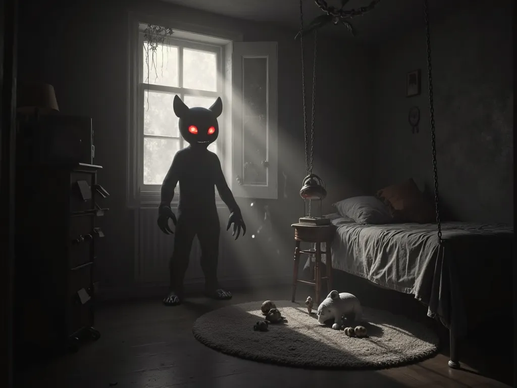 dark room with toys on the floor surrounded by fog and a menacing tall black shadow of claws and bright eyes standing in the dark of a corner with round bright red eyes standing next to the bed in black and white, ren's swing in the room