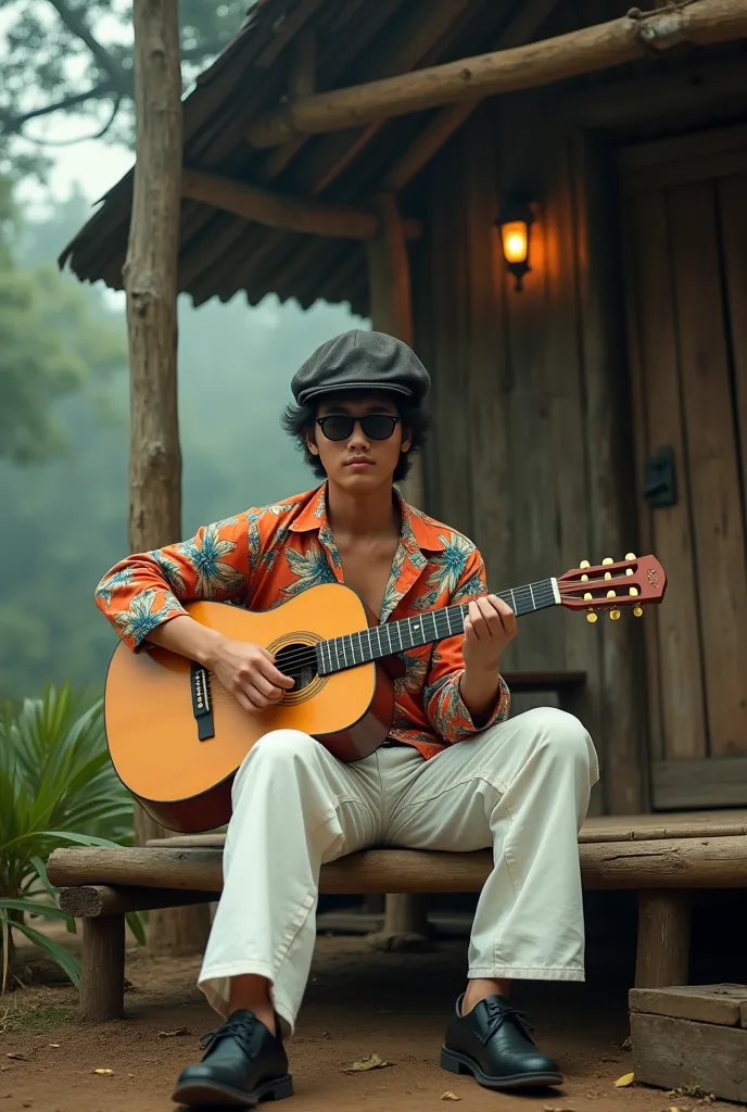 photorealistic, a young Indonesian man, clean-faced skinny , slightly long-haired curls with a haircut similar to The Beatles, wearing a flatcap, wearing classic sunglasses with black list,wearing a 70s vintage floral print long sleeve shirt , wearing whit...