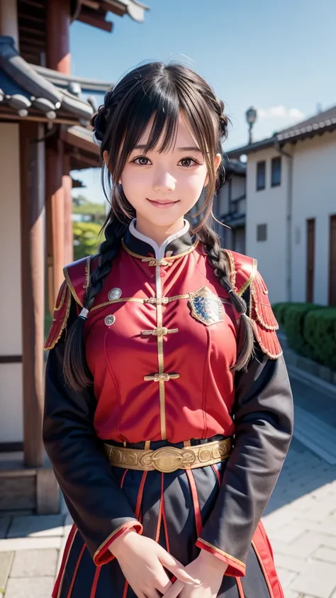 16years old,braid,cute face,beauty skin,miracle beauty,(japan armor costume),nice body,smile,from front,(upper body),at the Japan castle,