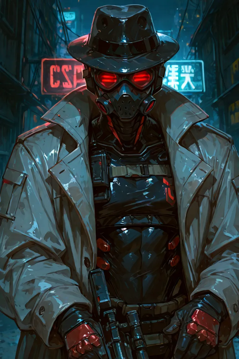 masterpiece, newest, absurdres, safe Solo, high detailed, male, handsome masculine male. Masculine male. Handsome Male, red lenses, red goggles, night vision goggles, faceless, hidden face, villain, black fedora, black crop top, tactical gear, mask, gasmas...