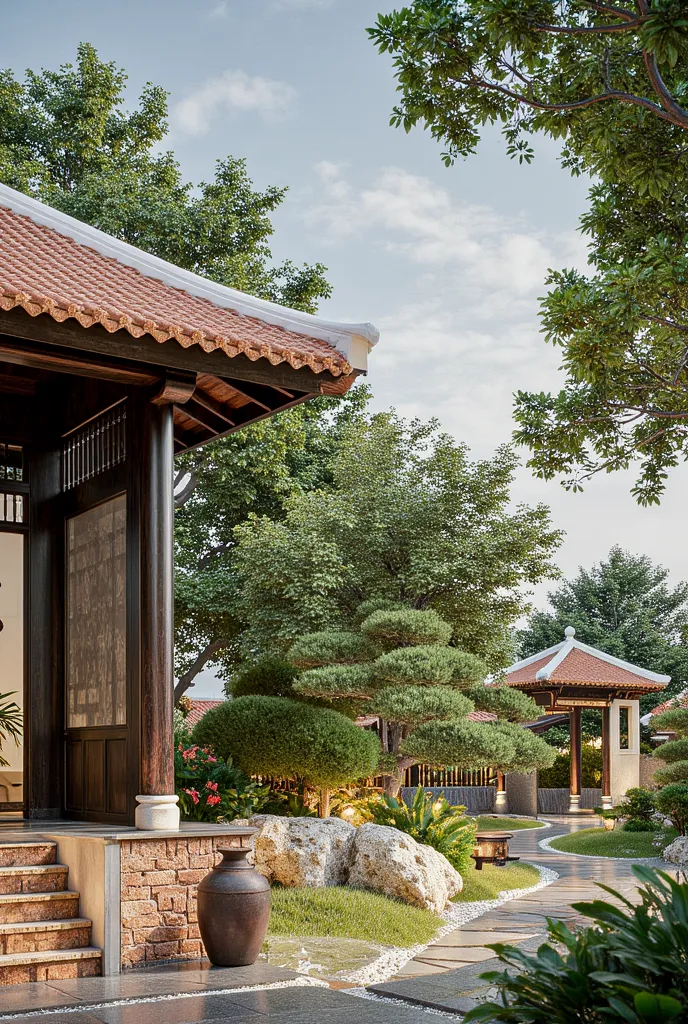 A traditional Vietnamese house amidst a serene village setting. The house has a curved red tile roof, moss brick wall, finely carved limber columns. Surrounded by a red brick patio with large water jugs, soaring acorn trees and a trellis of blossoming boug...