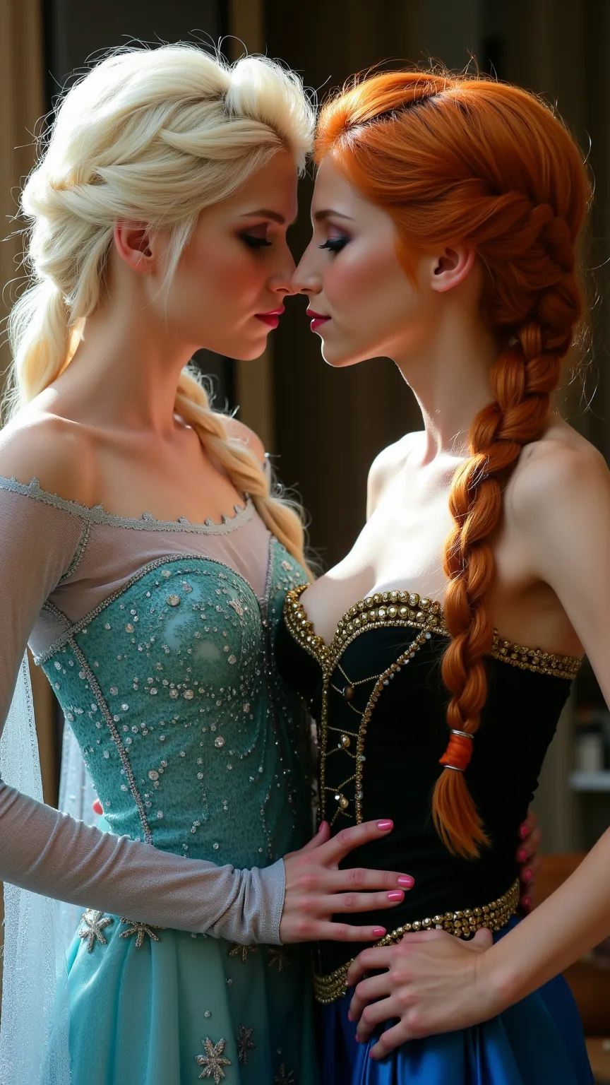 A stunning portrait of Elsa and her red head sister Anna, they are kissing, young and beautiful, hyper realistic, real portrait, backlit, exquisite features, cleavage, Elsa is showing her vagina to Anna and asking her to lick her vagina, she is inserting h...