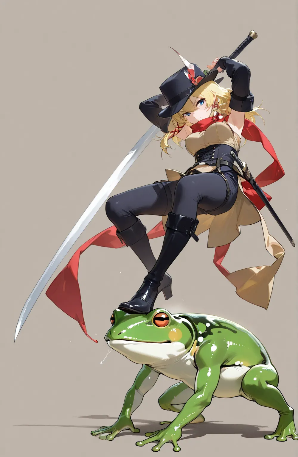 full body,  fight scene、Long sword、simple background、dynamic、Superb Details、frog