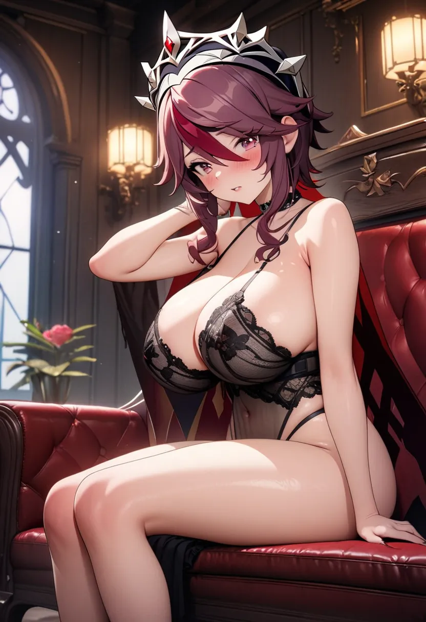 8k, masterpiece, best quality, ultra detailed, Ultra-high resolution, Highly detailed CG, break, 1girl, Rosaria\(genshin impact\), kawaii, nsfw, huge breasts, slender, (sexy lingerie:1.2), full body, indoors, sitting on sofa
