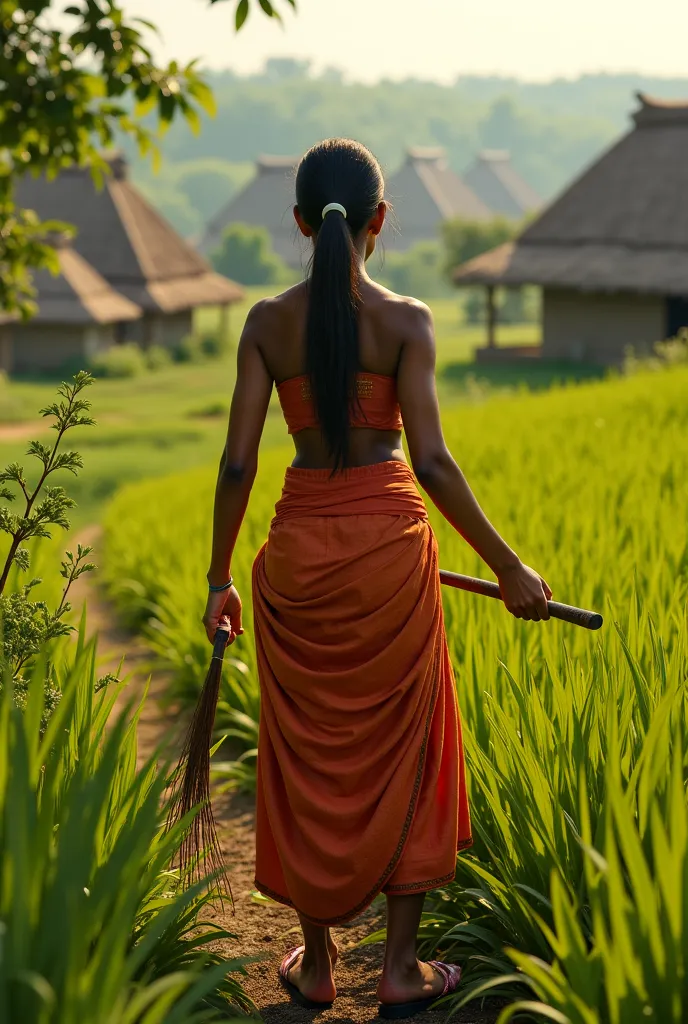 Back look of girl in guneio chola in village cutting grass of 23 years old