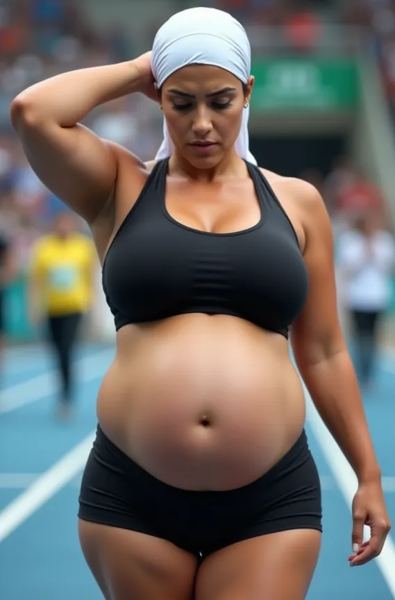 Real photos High-quality Realistic of a a pregnant Arab woman wearing white hijab, wearing black sports bra and black tight sports shorts only, (((very big thighs, very big breast , inflated tummy ))), Best Quality high resolution Full 4K, competing in oly...