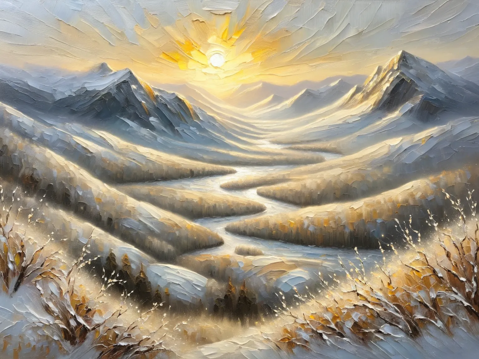 Handmade oil painting with impasto brushstrokes, dry brushing, revealing lower layers. A celestial sunrise over a frost-covered valley, icy branches sparkling in the golden morning light, mist rising from a winding river, while distant peaks glow in soft p...