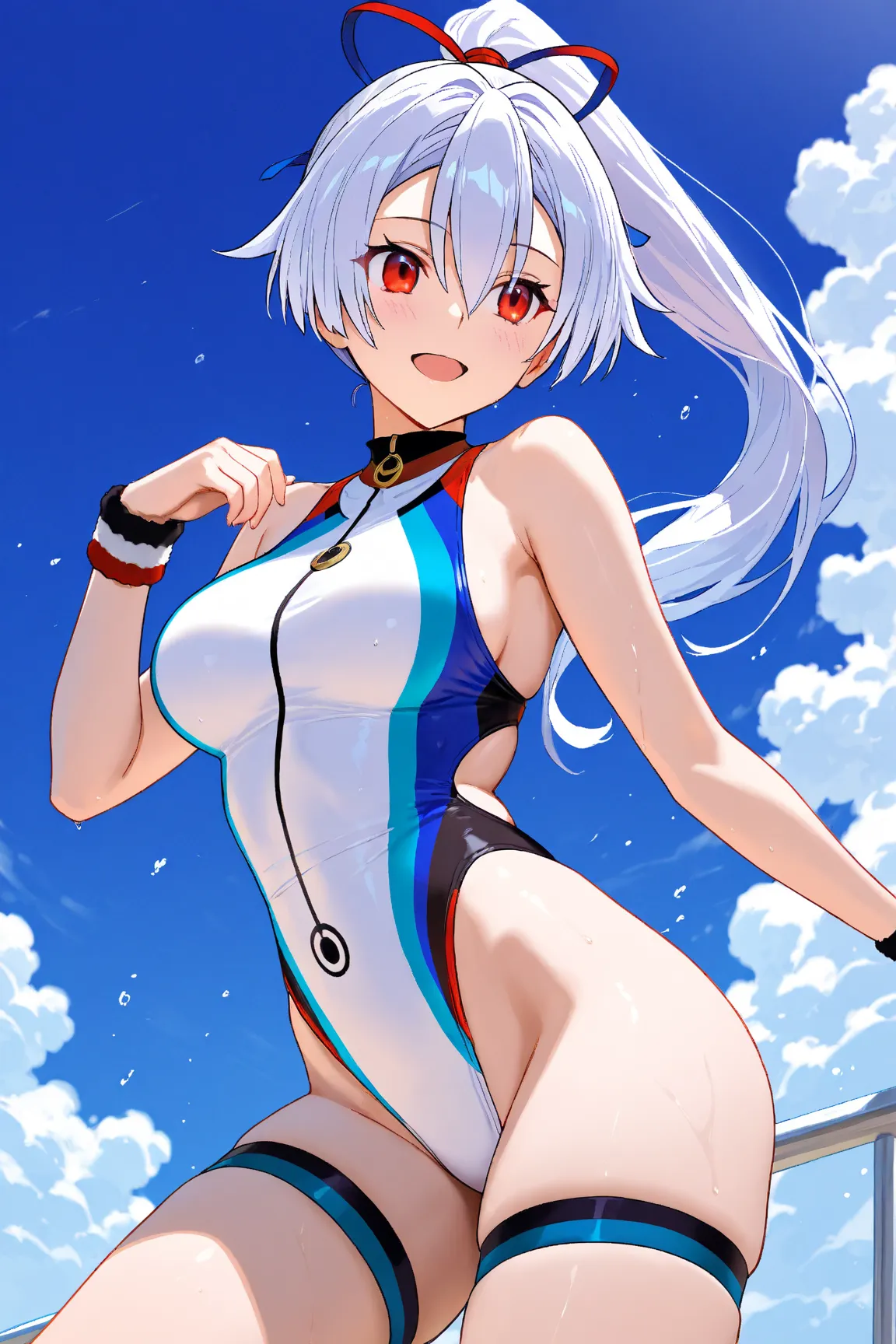 Tomoe Gozen,Fate/Grand Order, white hair, ponytail, long hair, red eyes, hair ribbon, blue ribbon, one-piece swimsuit, highleg swimsuit, thigh straps, wristband,
