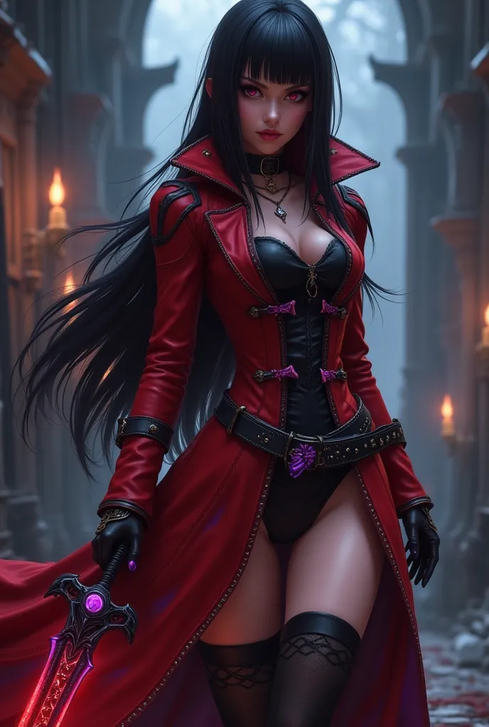 Create Solo Leveling style & Devil May Cry a beautiful young woman with long straight black hair with red highlights with burgundy eyes with plump socks with large hips with thick shapely legs wearing a stylish red overcoat with purple details with black b...