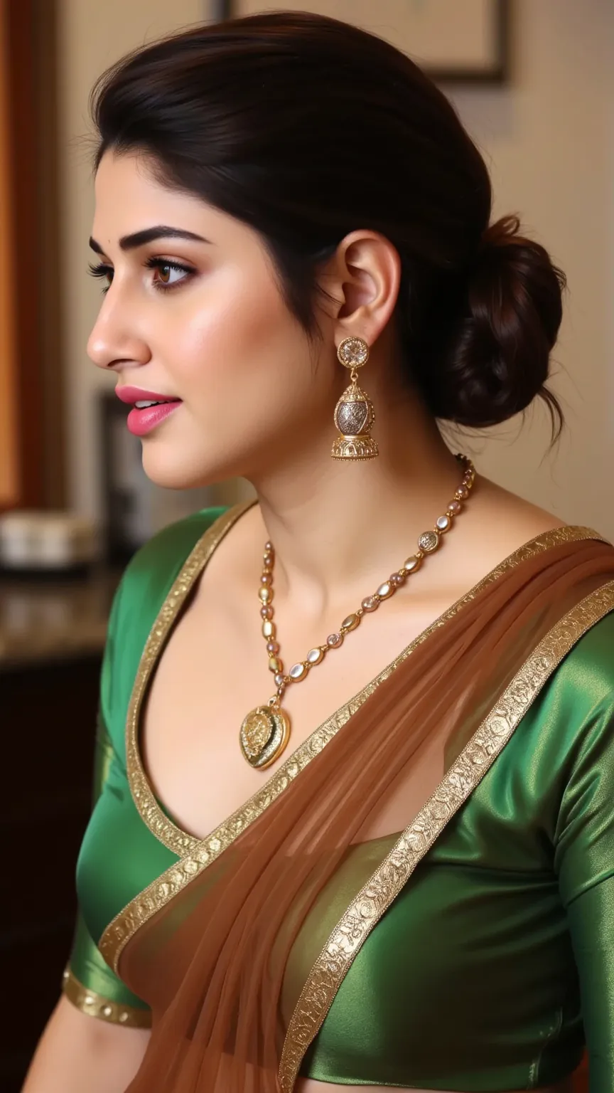 Hd realistic photo of Voluptuous Mature Indian desi Aunty with dusky skin, wearing very deep low neck green shining silk blouse and reflective glossy shining brown transparent Saree, showing her large Cleavage and navel,nipples projection over blouse,Red S...