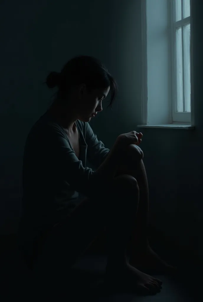  A person sitting in the dark , hugging her knees with a faint light coming through the window.