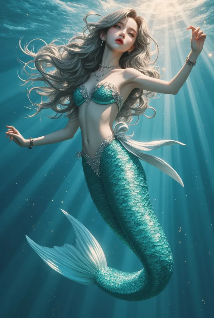 mermaid long silver hair, ocean blue eyes, turquoise fins that sparkle like pearls