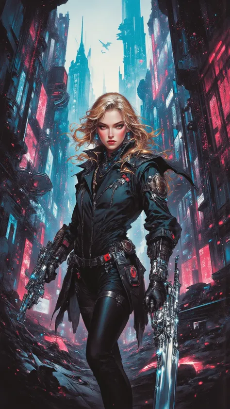 full body, Cyberpunk women，fear ，sci-fi，future，The weapon's sexy，long golden hair，Wayne Reynolds draws，is in a highly detailed and dynamic style, Luminescence