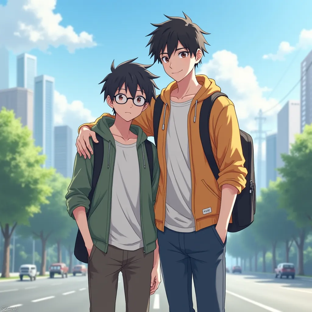 Create an image of two anime-style brothers standing side by side, almost hugging and casual clothes.  Big brother is tall , beautiful . Young boy with glasses, points just below his older brother. Make them look like agers and have fun with the city or na...