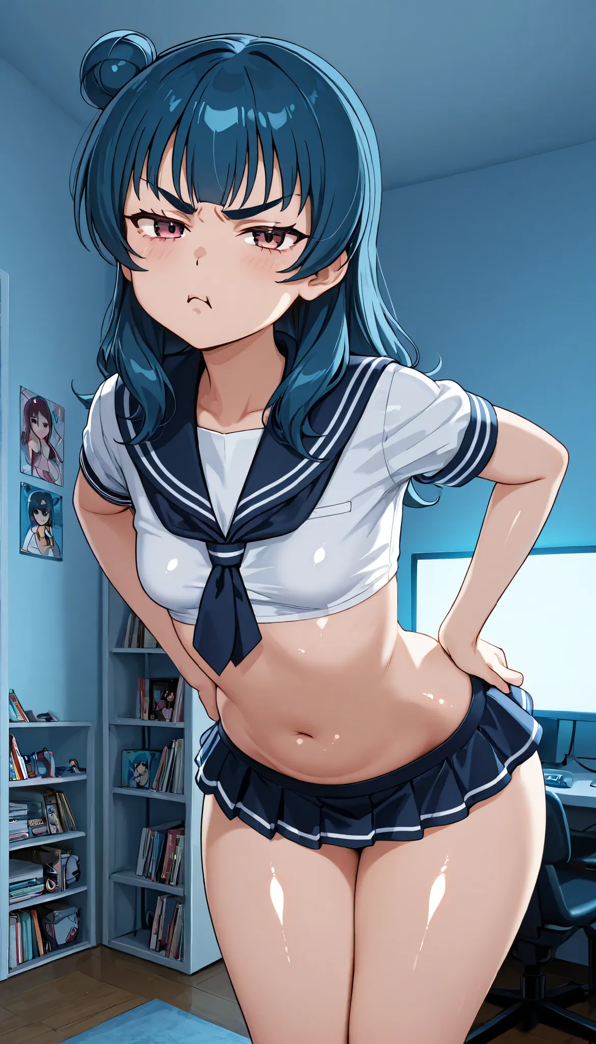 Yoshiko Tsushima , small breasts,mature woman,thick thighs ,wide hip,sailor top, micro skirt,shiny skin,looking at viewer,Grumpy, hands on hip, leaning forward,otaku room,blue lighting