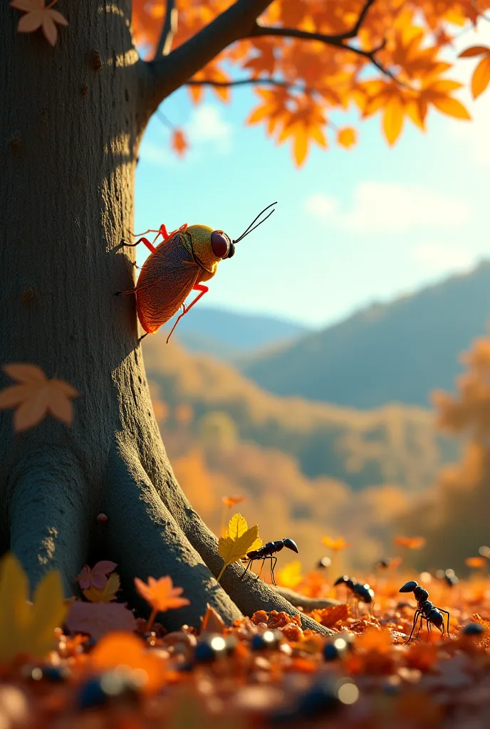 A cicada on a, tree while ants gather food in an autumnal landscape.