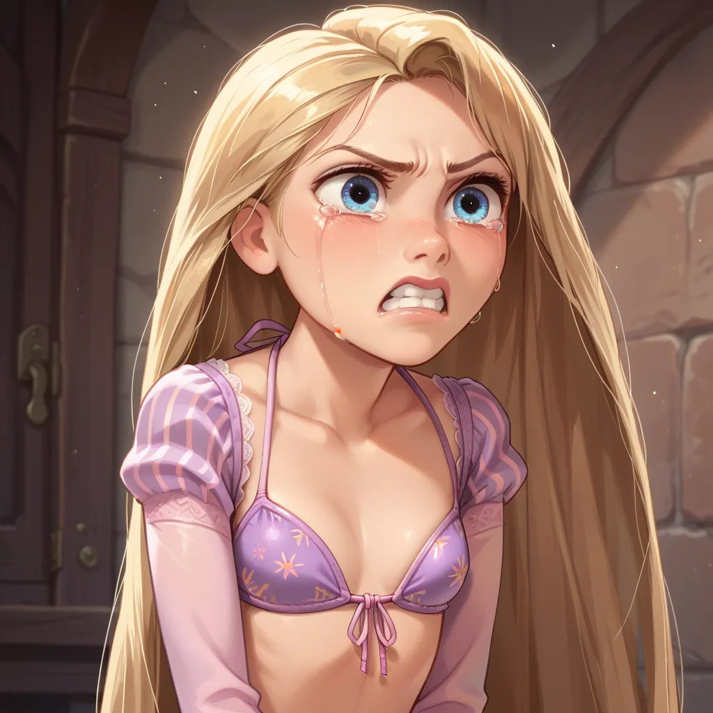 preadolescente,a girl , Rapunzel , skinny,  beautiful, blue eyes, ((bikini)), angry, crying, The dad grabs her ass , ,  short stature,  showing her body , 