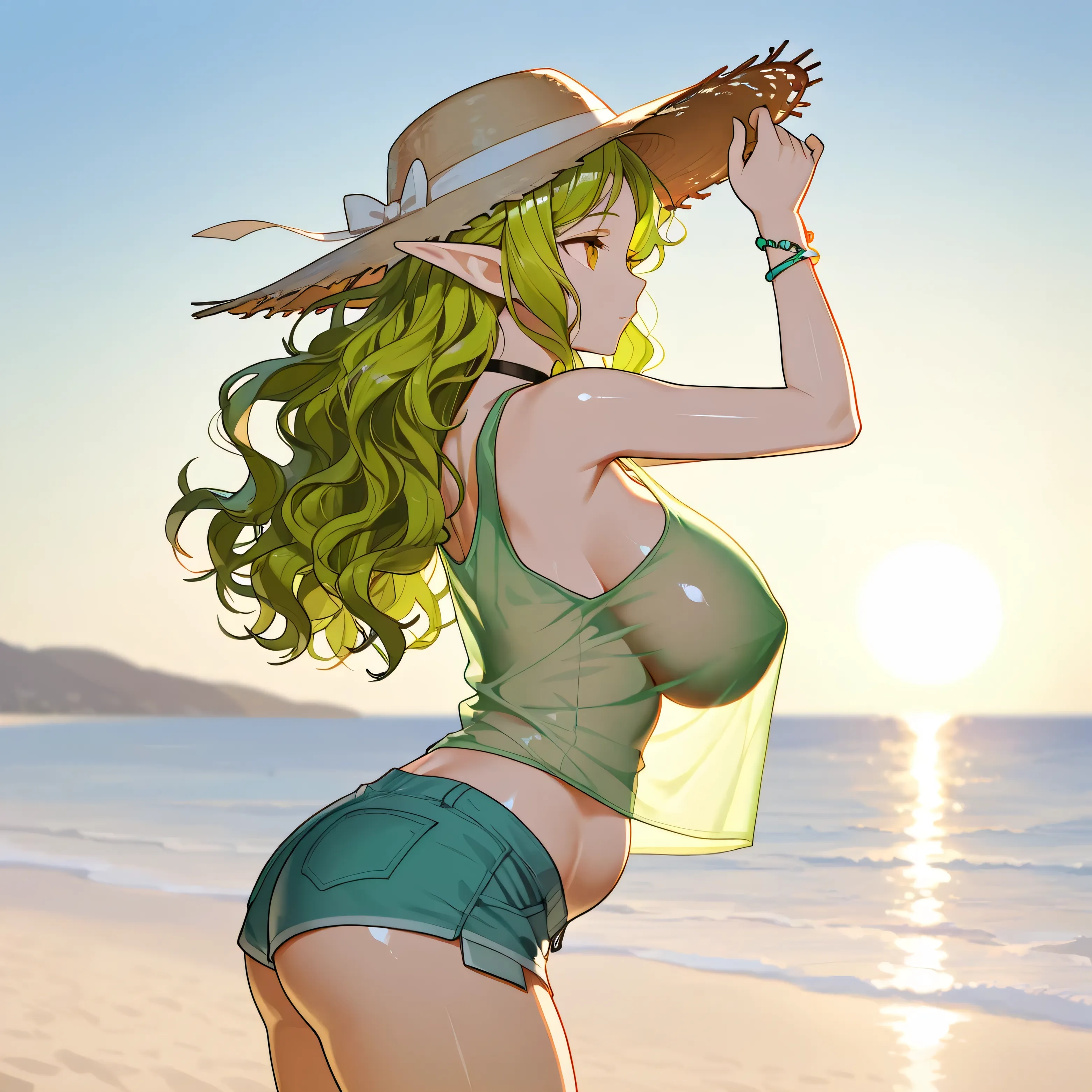 spring, beach, outdoor wear, very short tank top, shirt without straps, Translucent tank top , Long hair, wavy hair, shiny yellowish-green hair color, Tall Growth, full height, early morning, nude beige skin color,  open belly, shorts  , elf, long ears, ey...