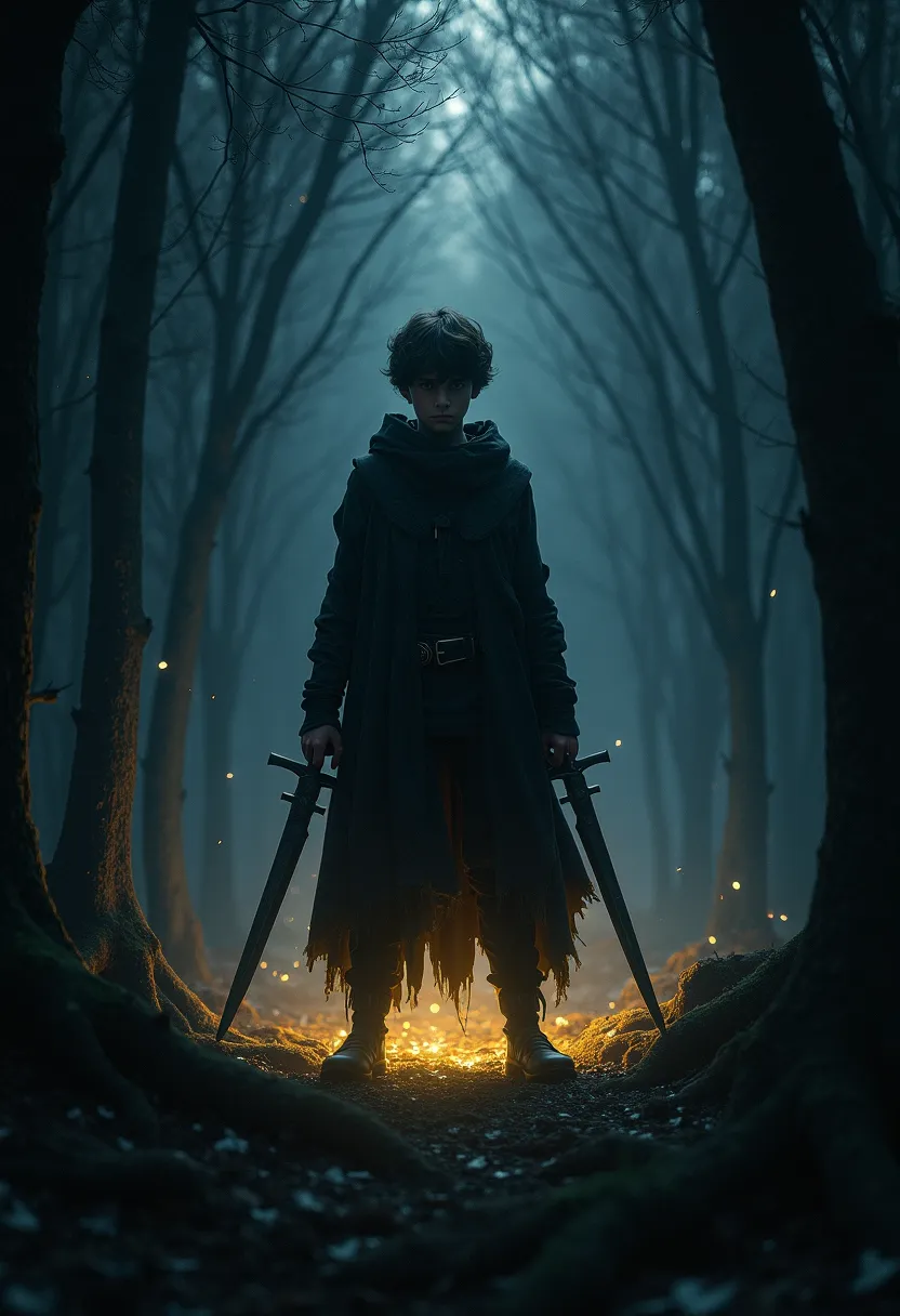 One 20 year old boy stand on the dense forest at night, boy wearing clok and in bothhand have dagger some golden light in around that, is show one wait in dense forest with daggers