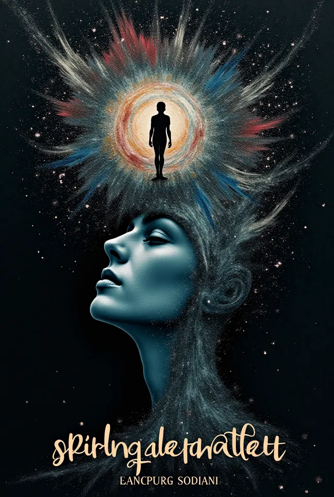 "A dark and abstract book cover with a surreal, philosophical theme. The artwork features a human face merging with cosmic elements, representing deep existential thoughts. A translucent human silhouette emerges from the larger face, symbolizing self-refle...