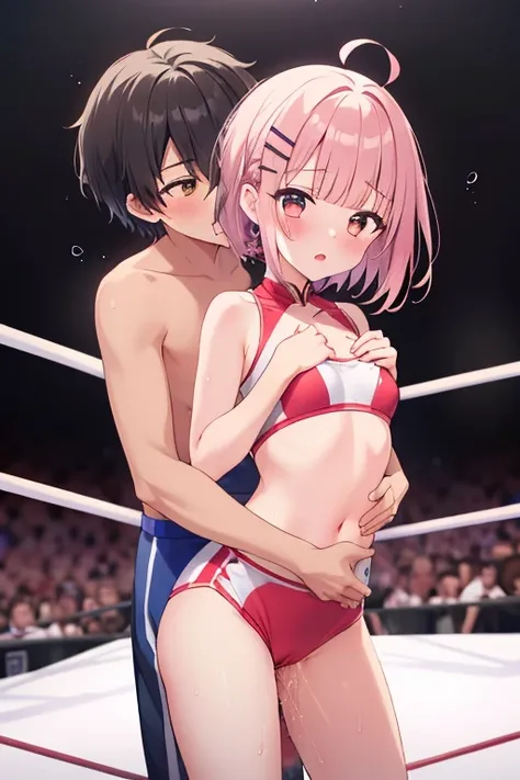 ((top quality)), ((masterpiece)), (Details), 1 girl。blunt bangs。Short Hair。braided ponytail。ahoge。Cute hair clip。 looks young。(small breasts)。(moving composition)。 wrestling。pussy juice spills。1boy ,hugging from behind。 grabs chest。