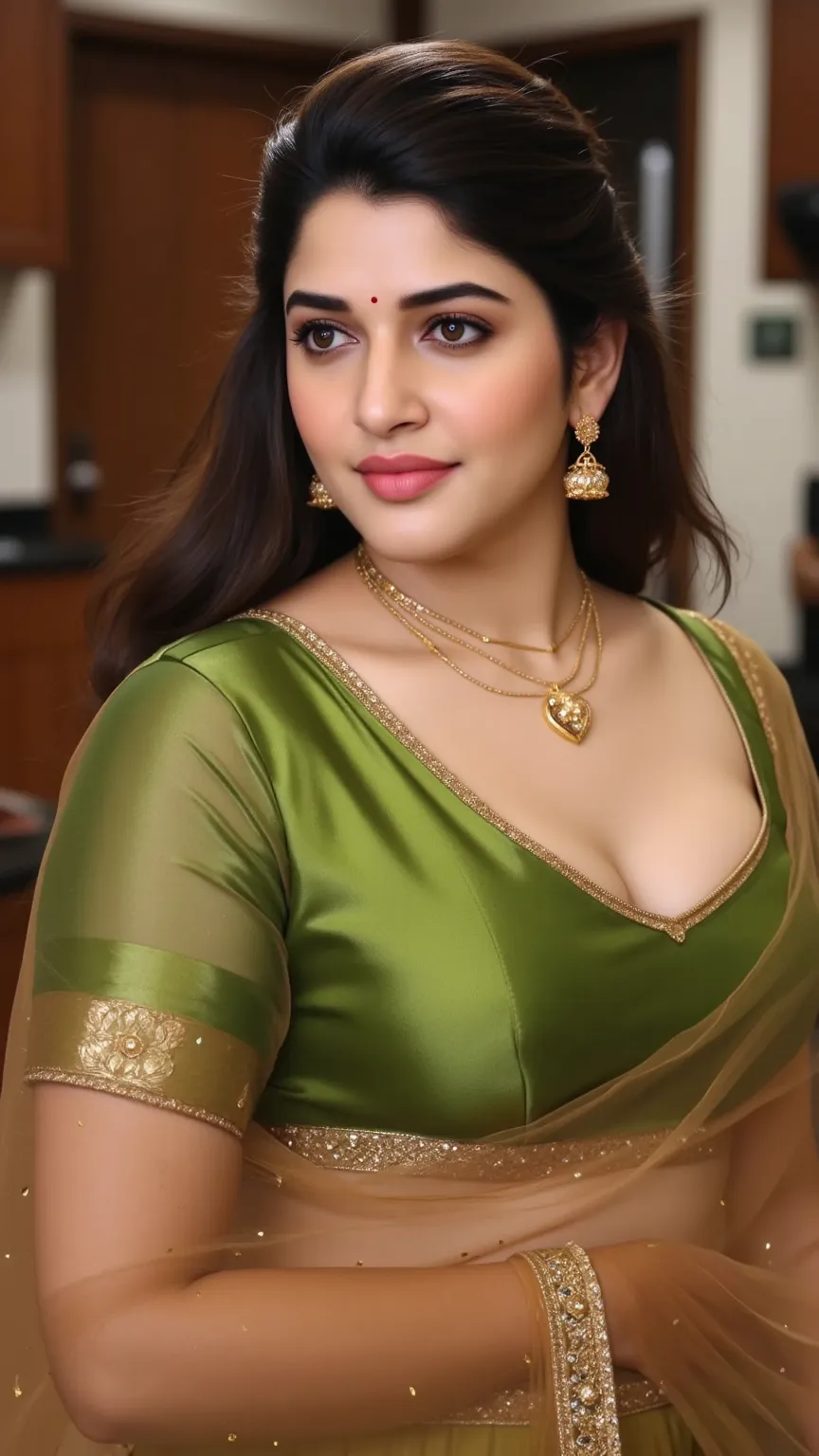 Hd realistic photo of Voluptuous Mature Indian desi Aunty with dusky skin, wearing very deep low neck green shining silk blouse and reflective glossy shining brown transparent Saree, showing her large Cleavage and navel,nipples projection over blouse,Red S...