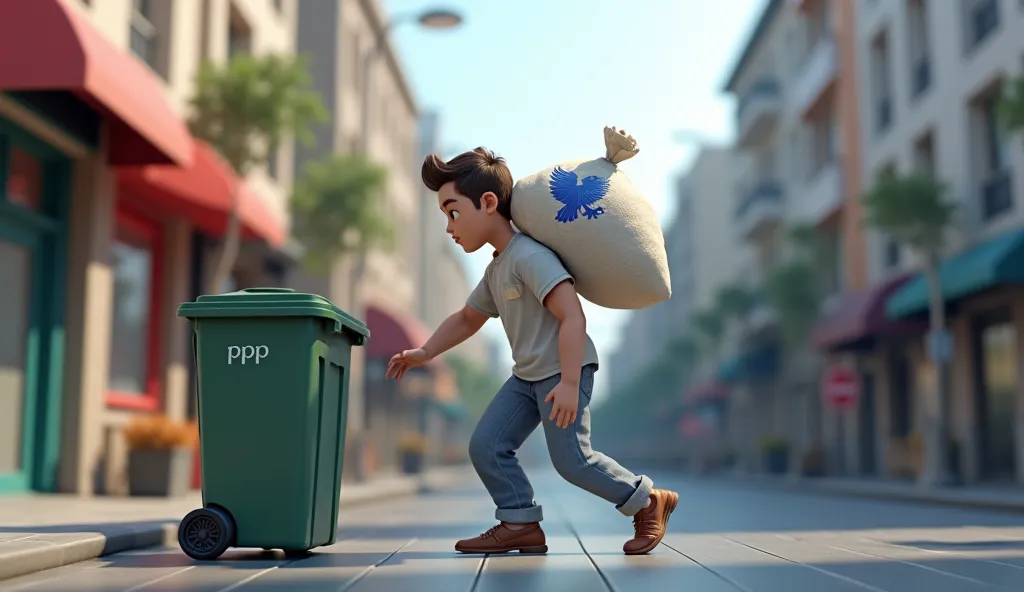 professional 3d model street where there is a garbage container on the left and a man comes to the container with a large sack over his shoulder where he says in letters " PP " AND A BLUE EAGLE .