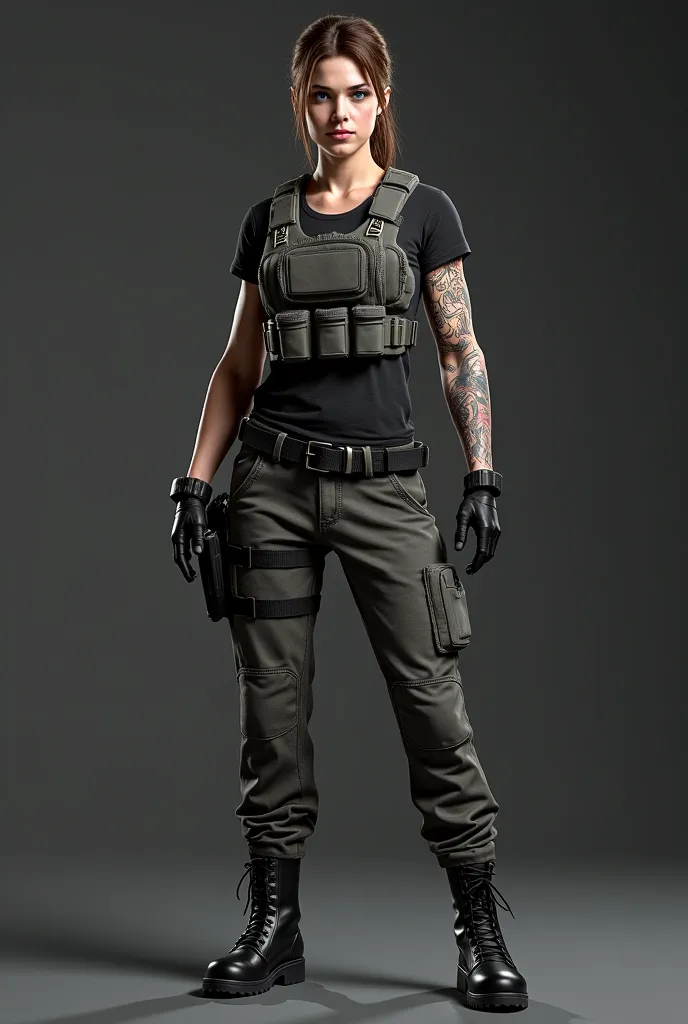 jill valentine, 30 ans, queue de cheval brune, yeux bleus, rangers noirs, pantalon cargo gris, noir t-shirt, gilet tactique gris, fond studio gris foncé  , Polynesian tattoo arm cover, gros seins 