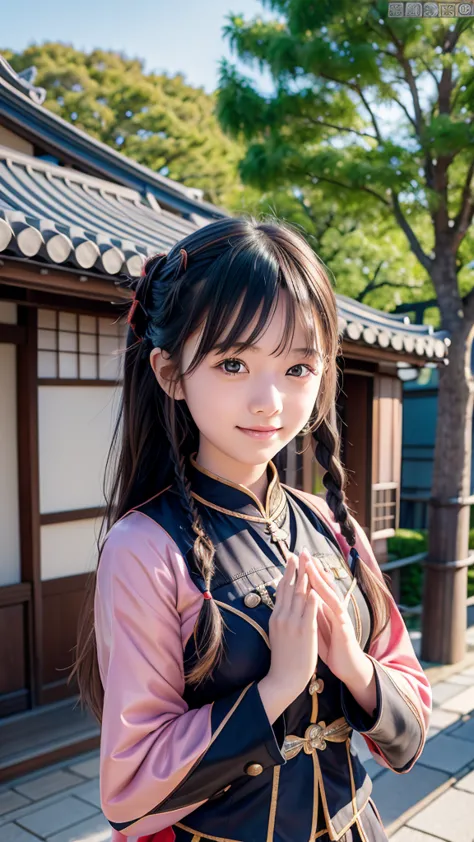 16years old,braid,cute face,beauty skin,miracle beauty,(japan armor costume),hands on head,upper body,nice body,smile,at the Japan Castle,