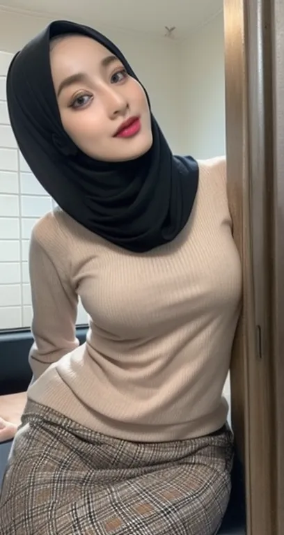 1girl hijab, ((wear hijab in head girl)), outfit hijab style, beautiful detailed eyes, beautiful detailed lips, slight smile, extremely detailed face and portrait, close up photo, potrait from below, long eyelashes, ((clothing long hijab girl)), selfie, gi...