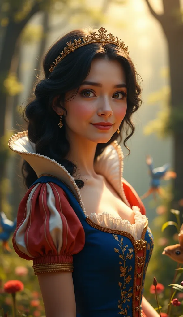 A beautiful, realistic 4K portrait of Snow White, inspired by fairy tales but depicted in a lifelike manner. She has fair, porcelain skin, deep brown eyes full of warmth and innocence, and luscious, wavy black hair that cascades over her shoulders. Her lip...