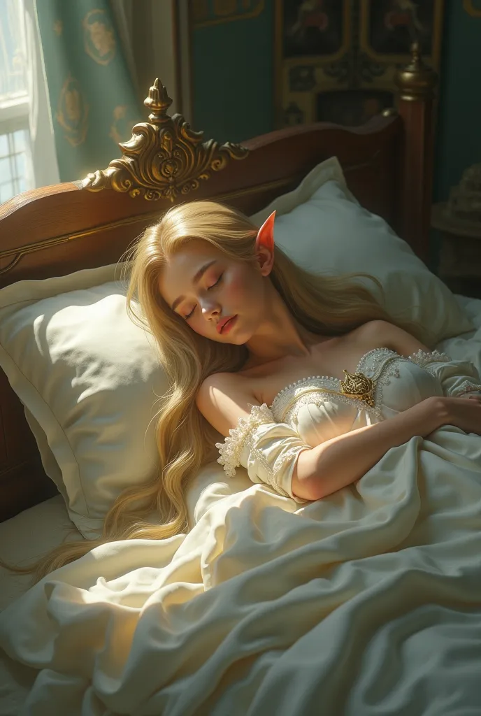 Princess Zelda from Hyrule Warrios in medieval white dress sleeping with her back